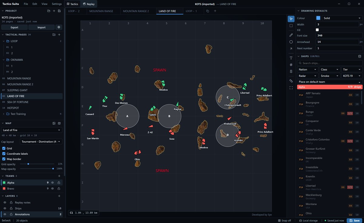 Tactics Suite planning a match on Land of Fire, with ships, caps and the ship list
